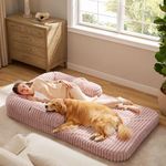 Bedsure Foldable Human Dog Bed for People Adult, 2 in 1 Corduroy Fleece Calming Human Size Giant Waterproof Dog Bed Fits Pet Families with Egg Foam, Faux Fur Orthopedic Dog Sofa, Blush Pink