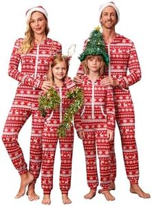 Ekouaer Christmas Matching Family Onesie Pajamas Hoodie One Piece Pajamas Zipper Thermal Sleepwear with Pockets Family Red Reindeer Print L