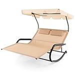 RELAX4LIFE Double Rocking Sun Lounger, 2 Person Outdoor Chaise Lounge Chair with Sun Shade,Head Pillows & Wheels, Swing Seat Bed for Balcony, Deck, Garden and Poolside