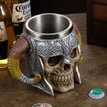 Meyas Viking Skull Beer Mug Tankard 17oz, Stainless Steel Double Handle Horn Coffee Cup, Medieval Skull Drinkware Mug for Beer/Coffee/Beverage/Juice,Wine Drink Cup Gift for Men Dad, Bar Decoration