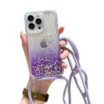 ELTIIGO for iPhone 12 & iPhone 12 Pro Strap Case with Crossbody Lanyard, Clear Glitter Shiny Bling Sparkle Cover with Soft TPU Bumper, Adjustable Shoulder Neck Strap for Girls Women, Lavender