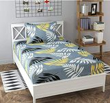 SpangleHomes 100% Soft Glace Cotton Elastic Fitted Single Bed Bedsheet With 1 Large Pillow Cover (Single Bed 36 X72 Inches, Grey Leaves)(Single Bed 36 X72 Inches)
