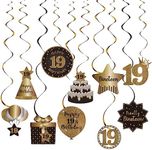 Happy 19th Birthday Party Hanging Swirls Streams Ceiling Decorations, Celebration 19 Foil Hanging Swirls with Cutouts for 19 Years Old Black and Gold Birthday Party Decorations Supplies