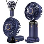 Jsdoin Hand Held Fan,Portable Handheld USB Rechargeable Fans with 5 Speeds,Battery Operated Mini Fan Foldable Desk Desktop Fans with LED Display for Home Office Bedroom Outdoor Travel (DarkBlue)