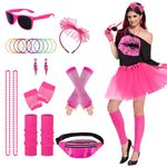 Suffolly 80s Fancy Dress for Women with 80s Accessories for Women 11PCS Neon Clothes 80s 90s Outifit Include T-Shirt Skirt Bag Gloves Leg Warmers Necklaces Headband Earrings Bracelets (Set A, M)