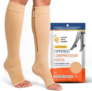 SHORT/PETITE Zippered Compression Socks with Open Toe - Best Leg Support Stocking (Short) (4XL(Short) - Calf 19-20in, Beige)