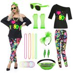 TOLOYE 80s Fancy Dress for Women, 80s Costume Outfit with 80s Neon Accessories, 1980s T Shirt Pantalon Leg Warmers, 80s Disco Fancy Dress, 80's Vintage Hippie Costume for Carnival Party (Green, XL)