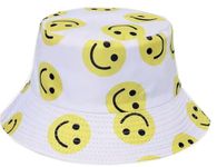 ITRAT Unisex Reversible Summer Bucket Hat Printed Double Side Wear Cotton Sun Beach Fisherman Hunting Hiking Camping outdoor Travel Hats (White Smily)