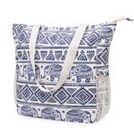 WANDF Floral Beach Tote Water-resistant Beach Bag Large Shoulder Bag for Yoga Travel with Multi Pockets (Blue Elephant)