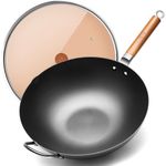 WANGYUANJI 14.2 Inch Carbon Steel Wok with Glass Lid, 5.7 Qt Extra Large Flat Bottom Chinese Stir Fry Pan, Nitrided Uncoated Wok for Induction, Gas, Electric & Ceramic Stoves