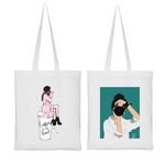 Clapcart Canvas Tote Bag set of 2 for Women | Printed Multipurpose Poly Cotton Bags | Cute Hand Bag for Girls (Coffee is my Love ! and Girl with camera Green)