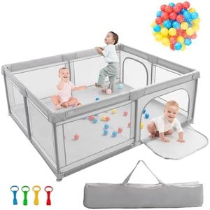 BABY JOY Baby Playpen, 186 x 156 x 68 cm Large Play Yard with 4 Pull Rings, 50 Ocean Balls & Carrying Bag, Portable Baby Play Activity Center, Indoor Outdoor Playpen w/Breathable Mesh for Infants & Toddlers (Light Grey)