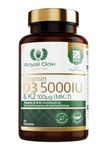 Vitamin D3 5000 IU & Vitamin K2 100mcg (MK-7) x120 Capsules, 4 Month Supply - High Strength Vitamin D & K2 Supplement for Men & Women, Made in The UK by Royal Oak Health