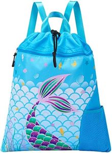WAWSAM Gym Drawstring Backpack - Sports Gym PE Bag for Kids Waterproof Swimming Beach Backpack with Zippered Pocket and Water Bottle Holder, Blue, m