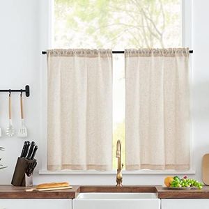 TOPICK Rideaux Cuisine Lot de 2 Rideau Lin Beige Rideaux d'Extérieur Semi-Transparents Rideau Fenetre Respirable Rideaux Brise-Bise Courts Salon Placard Porte Chambre Bistrot 65 x 115 cm (l x H)