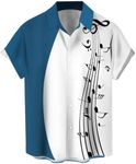 Men's Vintage Bowling Shirt 1950s Retro Rockabilly Style Short Sleeve Button Down Music Hawaiian Shirts, Music Note-white Blue, Large