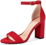 Fericzot Heels for Women Open Toe Ankle Strap Chunky High Heel Pumps Party Wedding Shoes Strappy Buckle Sandals 3.35 Inches, Red-suede, 8.5