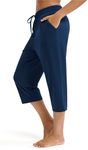 Maxbee Capri Pants for Women Drawstring Workout Sweatpants Comfy Lounge Elastic Waist Yoga Pants Navy Blue