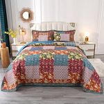 Qucover Floral Patchwork Bedspreads King Size 3-Piece American Style 100% Cotton Patchwork Quilt Bedspread 240x260 cm, Comfortable Bedspreads and Throws with Pillow Shams