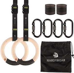 HARDYROAR Wood Gymnastic Rings - Gym Equipment for Crossfit, Body Training, Exercise and Workout - Easy Install Carabiners, Adjustable Number Straps, Non Slip Grip Tape Rings