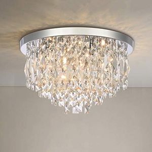 A1A9 Modern Crystal Chandeliers Ceiling Lights, Clear K9 Chrome Flush Mount Elegant Round LED Pendant Lamp for Living Room, Dining Bedroom, Lounge (Diameter 40cm)