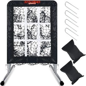 Heavy-Duty 9 Hole Baseball & Softball Pitching Net with Strike Zone Target - Adjustable Portable Design for Training, Includes 4 Stakes & 2 Sandbags（Black）
