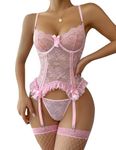 Aranmei Women's Lingerie Sets Sexy Lace Bodysuit with Stockings Floral Lace Garter Lingerie Underwear Outfits Teddy Babydolls with Thigh High(Pink,S