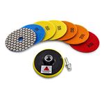 KURSTOL Dry Diamond Polishing Pads Set - 7pcs 4"/100mm Countertop Polishing Pads +1pc Backer Pad of Plastic Body+1pc Adapter 5/8"-11 Thread to Round Shank for Granite Quartz Stone Marble