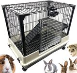 Deluxe 2-Level Indoor/Outdoor Rabbit Hutch Cage for Ferret Chinchilla Paw Safe Solid Platform Ramp Mesh Floor Pull Out Leakproof Washable Deep Tray Large Access Doors Lockable Casters