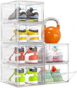 【Thicken & Sturdy】Clear Shoe Storage Organizer with Magnetic Door, Stackable Boxes for Closet, Foldable Space-Saving Shoe Rack for Sneaker Boot Container, Plastic Shoe Box 6 Pack, White