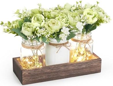 Mkono Mason Jar Lights Centerpiece Table Decorations for Dining Room Farmhouse Coffee Table Decor Wood Tray with 3 Jars Flowers for Kitchen Living Dining Room (Light Green)
