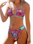 CUPSHE Women Swimsuit Bikini Set Triangle Cheeky Paisley Shell Stitched Two Piece Bathing Suit, Aqua, Medium