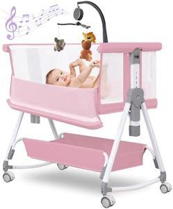 Hkleae Baby Bassinet,3 in 1 Baby Bassinets Bedside Sleeper with Musical Toy,Bedside Cribs with Storage Basket and Wheels,7 Height Adjustable Easy Folding Bassinet,Safe Co-Sleeping Crib (Pink)