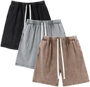 Gihuo Mens Sweat Shorts Cotton Athletic Shorts Vintage Acid Wash Elastic Waist Drawstring Workout Shorts with Pockets(BlackLightGreyKhaki-S)
