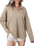 EVALESS Womens 2024 Fashion Trendy Oversized Fall Sweatshirt Casual Cute V Neck Long Sleeve Loose Zipper Up Hoodies Pullover Outfits Clothes,Khaki Small