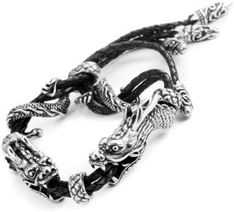 Urban Jewelry Stunning Genuine Leather Stainless Steel Double Dragon Bracelet (Adjustable, Black, Silver)