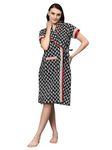 Beallamy Women's Pure Cotton Printed Short House Coat,Front Open Adjustable Nighty/Night wear Short H-C -Boo-XL Black