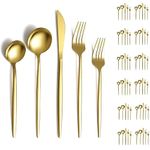 Evanda Gold Silverware Set 60 Piece Service for 12, Titanium Gold Plated Stainless Steel Flatware Set, Knives Forks Spoons Cutlery Set for Wedding, Parties, Birthday, Restauroom, Dishwasher Safe