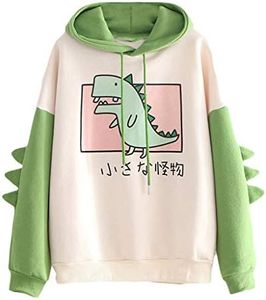 Women's Dinosaur Sweatshirt Long Sleeve Splice Tops Cartoon Cute Hoodies Teens Girls Casual Pullover, Green, Medium