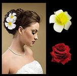 Tia Crafts White Hawaii Plumeria Flower and Red Rose Flower Hair Clips for Women (Pack of 2) (white-Rose)