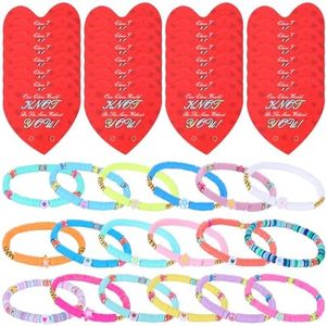 Ecation 32 Sets Valentines Bracelets for Class with Cards Bohemian Colorful Valentines Friendship Bracelets Bulk Adjustable Stretch Beaded Bracelet Jewelry for Girls Boys Classroom Gifts Party Prize