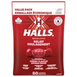 HALLS Cherry Flavour Cough Drops, Throat Lozenges, Sore Throat Relief, Mentho-Lyptus, 80 Lozenges, Prepared in Canada