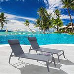 Domi Patio Chaise Lounge Set, Classic Pool Lounge Chairs with 5 Adjustable Posation, Breathable Textilene Fabric, Headrest and Table, Steel Frame Pool Chairs, Grey