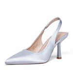 GENSHUO Women's Slingback Kitten Heel Pointed Closed Toe Stiletto Pumps Slip on Elastic Strap Wedding Party Dress Sandals Shoes Silver Size 8