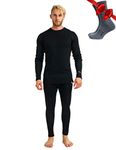 Merino Wool Baselayer Mens Set - Lite, Midweight, Heavyweight Merino Wool Thermal Underwear for Men Top and Bottom + Socks (Medium, 320 Black)