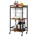 smusei 3-Tier Wooden Serving Trolley Drinks Trolley on Wheels, Bar Cart with 9 Glass Holders for Kitchen Dining Living Room Outdoor, 11.8 * 17.2 * 33.6 inches, Brown