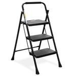 HBTower 3 Step Ladder, Folding Step Stool with Wide Anti-Slip Pedal, 500lbs Sturdy Steel Ladder, Convenient Handgrip, Lightweight, Portable Steel Step Stool, Black