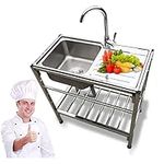 Stainless Steel Utility Sink,Free-Standing Single Bowl Kitchen Sinks,Outdoor Portable Sink,Commercial Restaurant Sink,Workstation Sink,Laundry Sink,with Faucet,Drain Strainer,Workbench,Double Storage