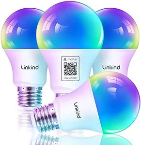 Linkind Matter Smart RGBTW Bulb, WiFi Smart Light Bulbs Work with Apple Home/Siri/Google Home/Alexa/SmartThings, LED Color Changing Bulbs Music Sync, Smart Home, A19 E26 60W 2.4Ghz WiFi Only 4 Pack