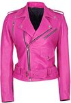 NM-Fashions Womens Motorcycle Hot Pink Short Leather Jacket for Ladies Biker, Pink Real Leather, Large